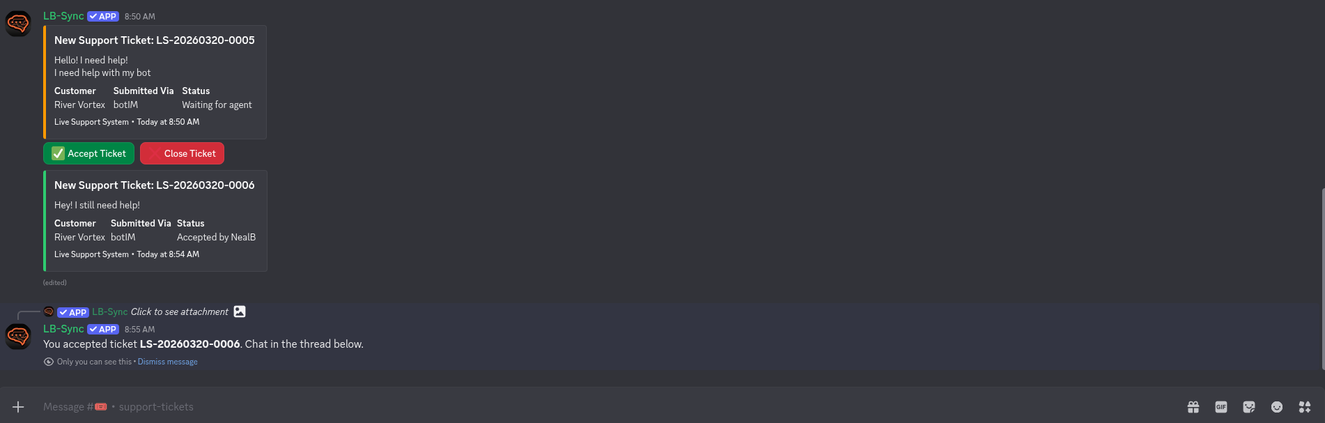 Discord — new ticket notification with Accept and Close buttons